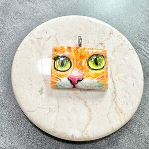 Tabby Orange Cat With Green Eyes Painted Porcelain Pendant
